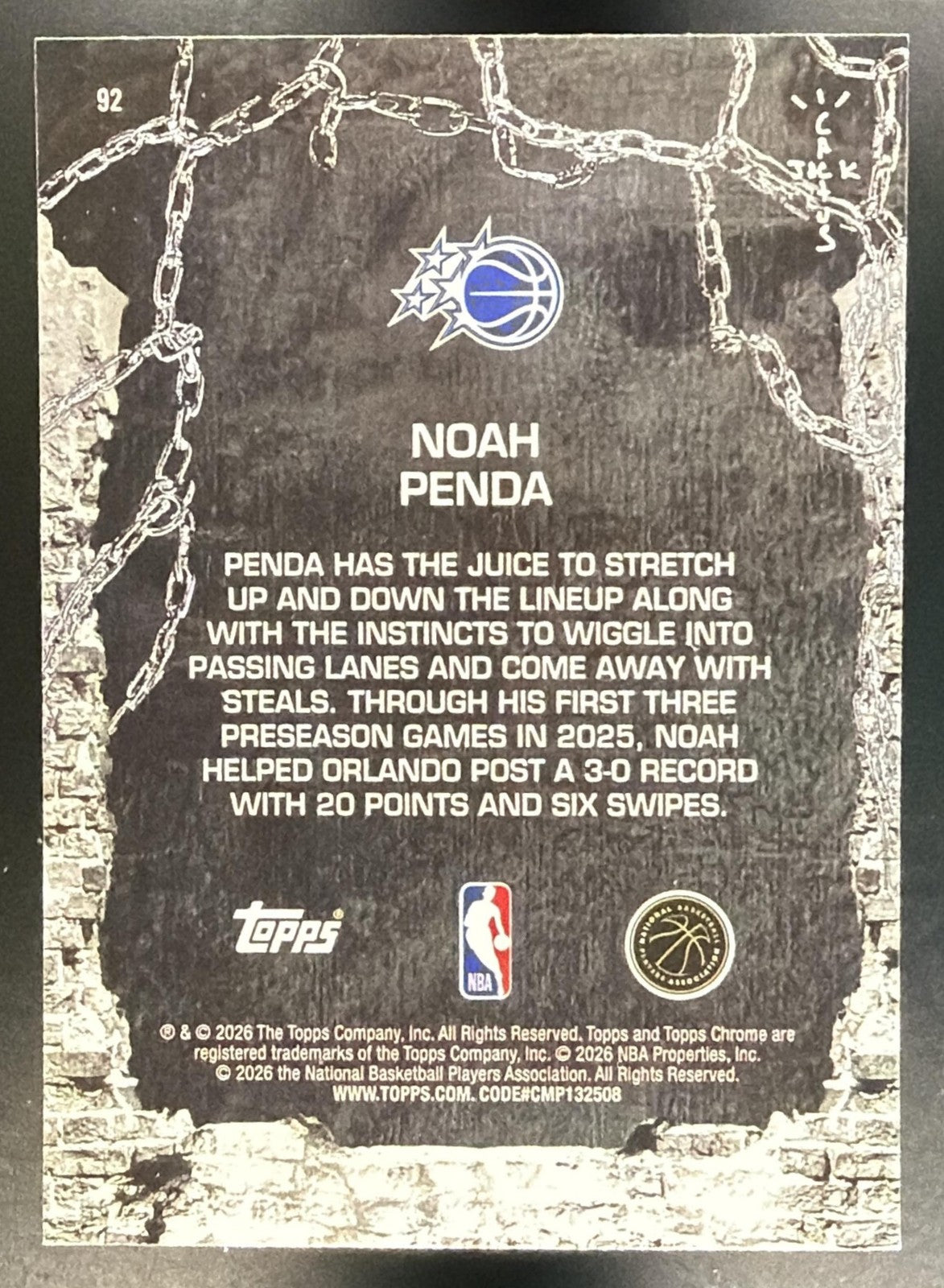 NOAH PENDA 2025-26 TOPPS CHROME X CACTUS JACK #92 RC MAGIC