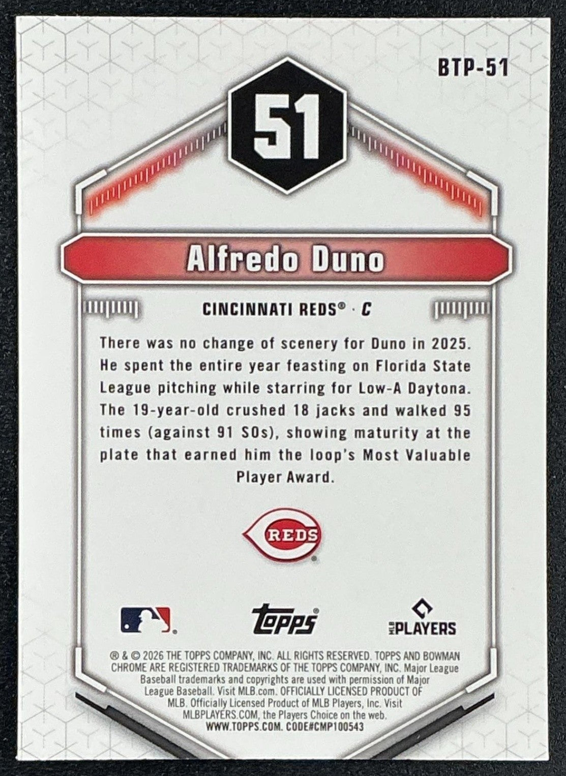 ALFREDO DUNO 2026 BOWMAN #BTP-51 SCOUTS TOP 100 CHROME REDS