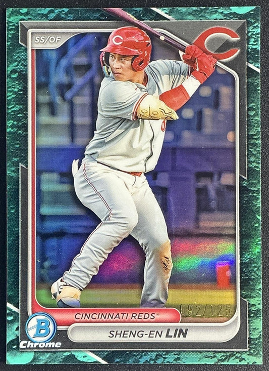 SHENG-EN LIN 2024 BOWMAN DRAFT #BDC-147 CHROME AQUA LUNAR REFRACTOR 92/125 REDS
