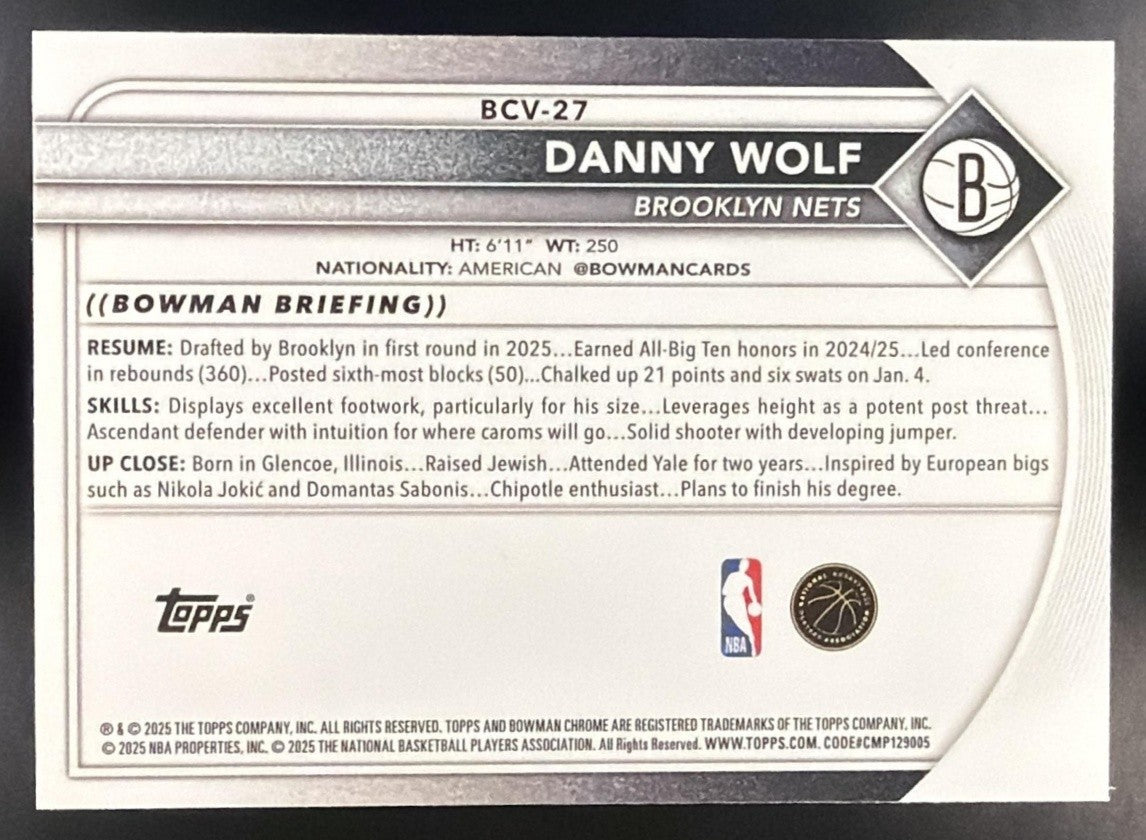 DANNY WOLF 2025-26 BOWMAN #BCV-27 CHROME YELLOW X-FRACTOR 24/75 RC NETS