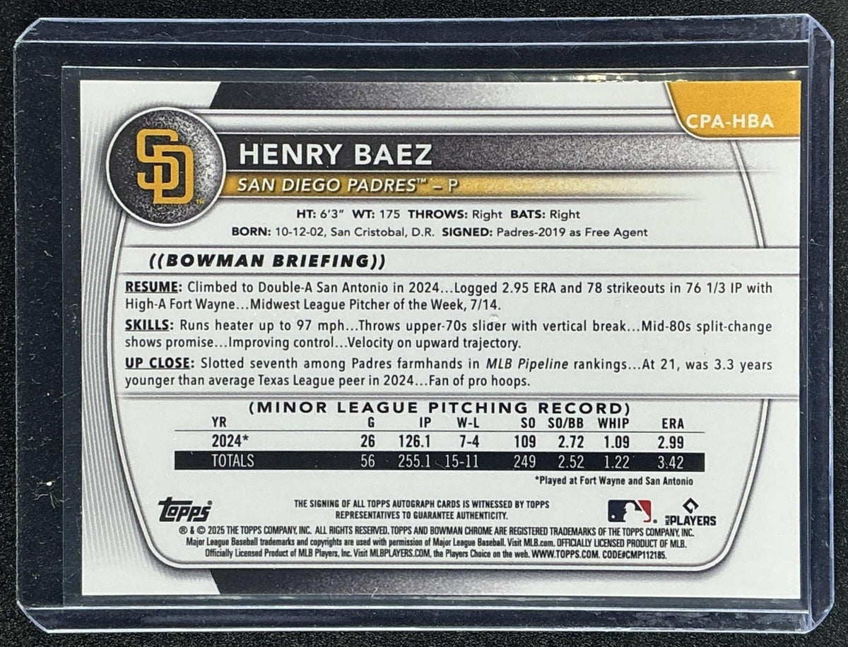 HENRY BAEZ 2025 BOWMAN CHROME #CPA-HBA AUTO 1ST PROSPECT PADRES