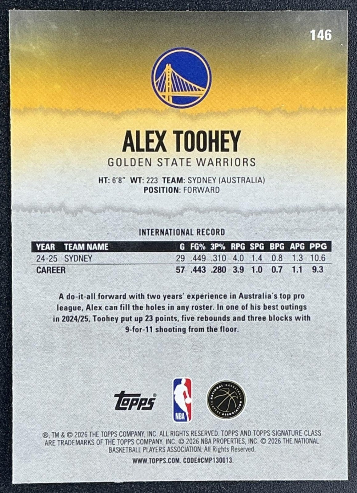 ALEX TOOHEY 2025-26 TOPPS SIGNATURE CLASS #146 CHROME ROOKIE RC WARRIORS