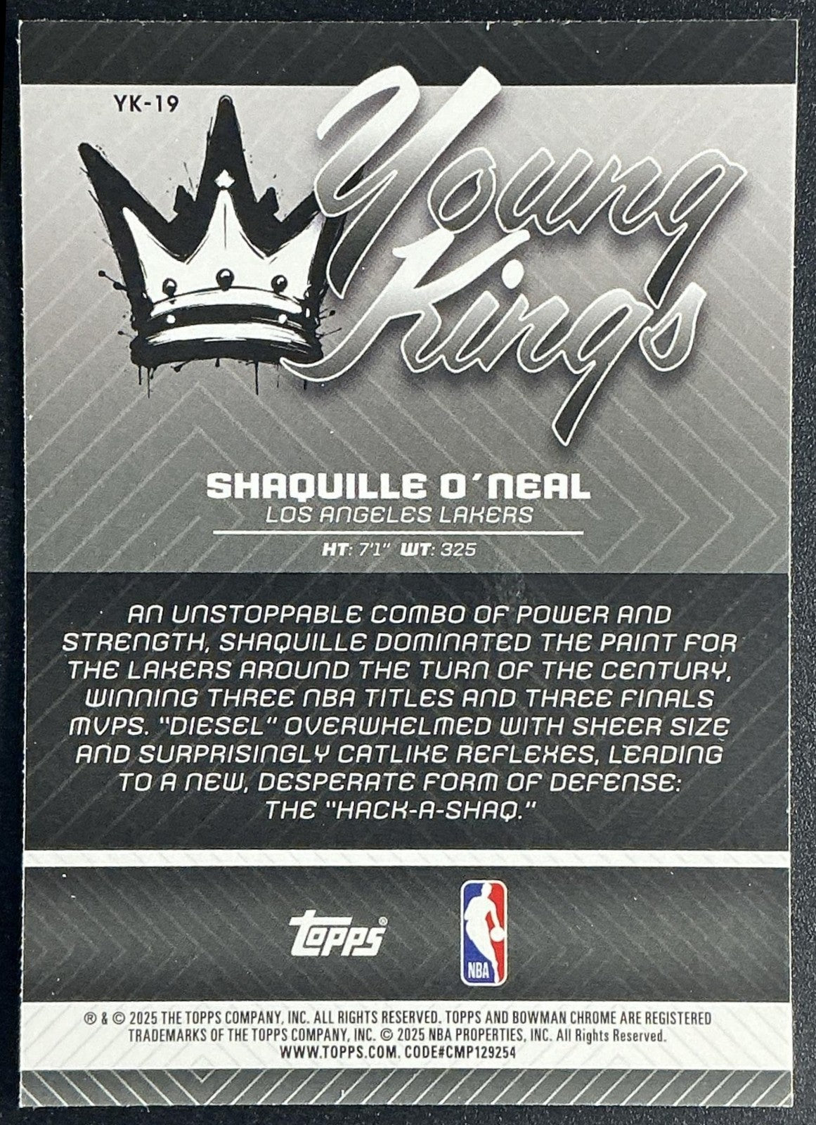 SHAQUILLE O'NEAL 2025-26 BOWMAN #YK-19 CHROME YOUNG KINGS LAKERS