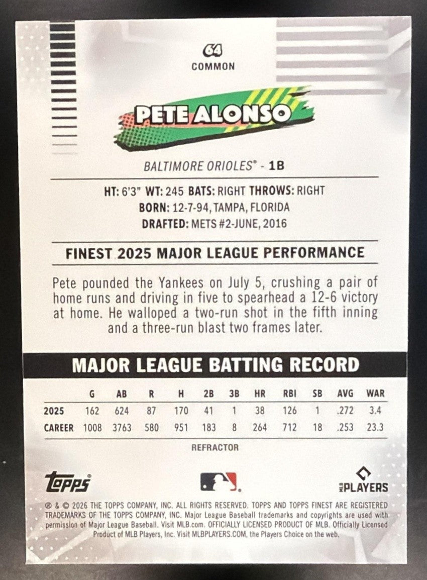 PETE ALONSO 2026 TOPPS FINEST #64 REFRACTOR ORIOLES