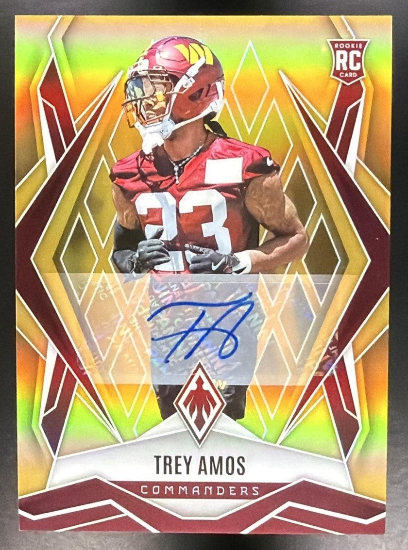 TREY AMOS 2025 PANINI PHOENIX #213 ROOKIES AUTO GOLD PRIZM 9/10 RC COMMANDERS