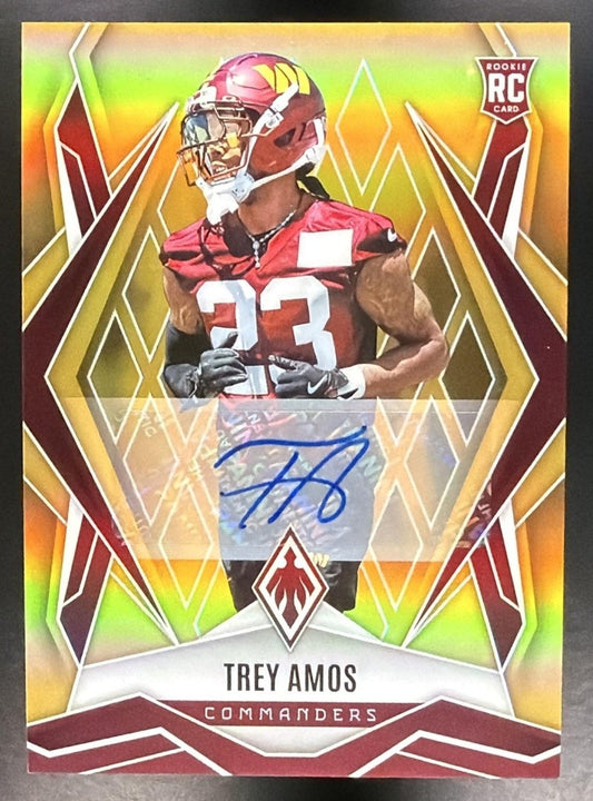 TREY AMOS 2025 PANINI PHOENIX #213 ROOKIES AUTO GOLD PRIZM 9/10 RC COMMANDERS