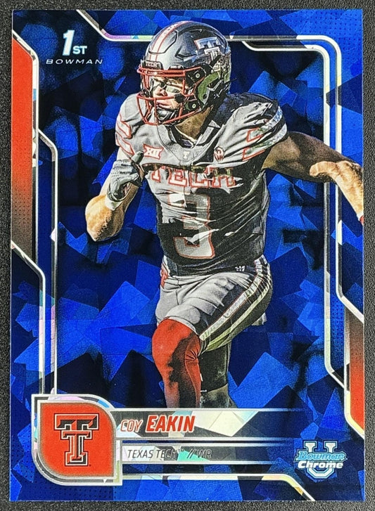 COY EAKIN 2025 BOWMAN CHROME UNIVERSITY SAPPHIRE #28 1ST PROSPECT RED RAIDERS