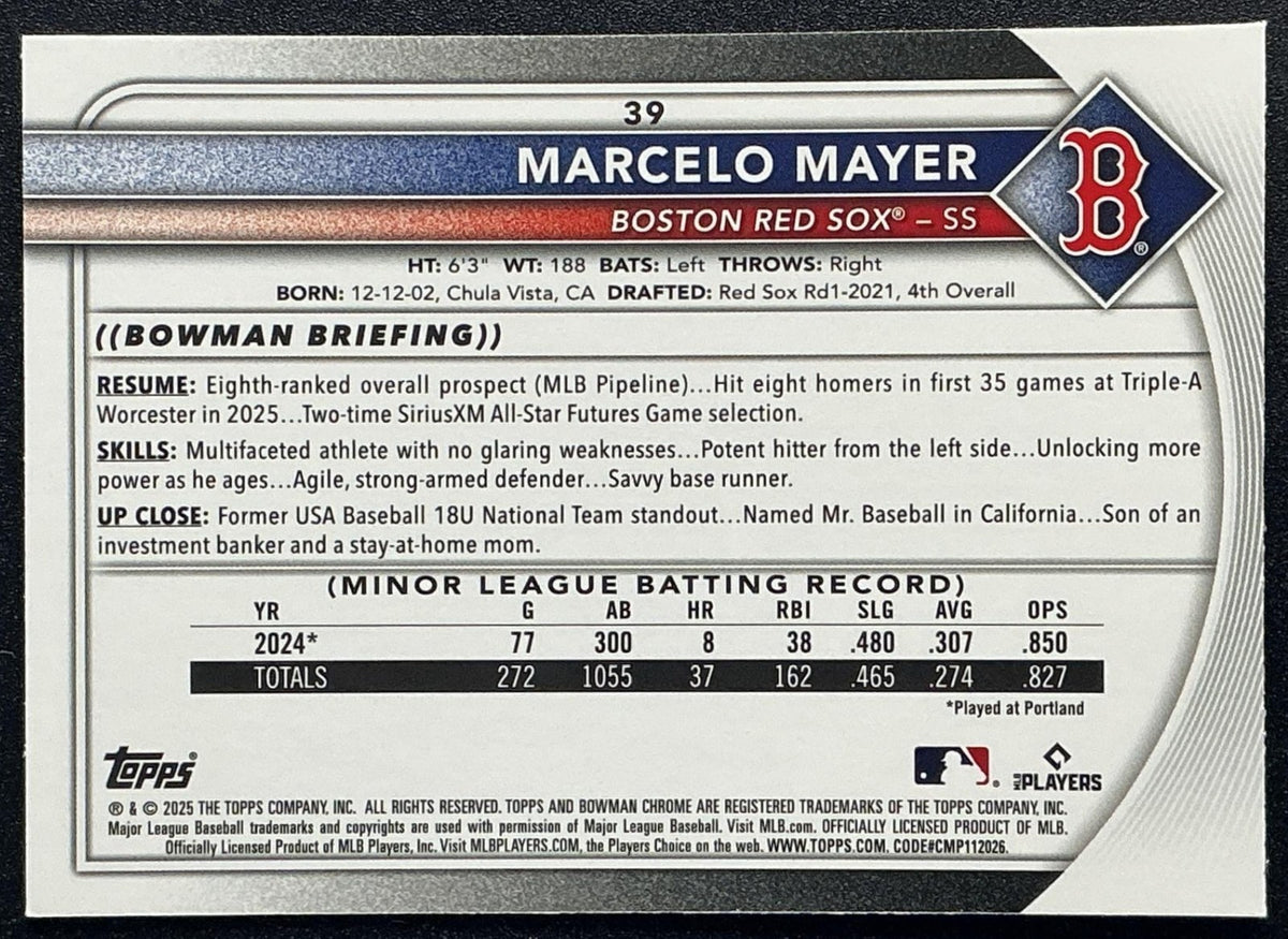MARCELO MAYER 2025 BOWMAN CHROME #39 PULSAR REFRACTOR 155/399 RC RED SOX