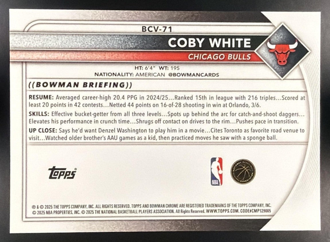 COBY WHITE 2025-26 BOWMAN #BCV-71 CHROME ORANGE SHIMMER REFRACTOR 20/25 BULLS
