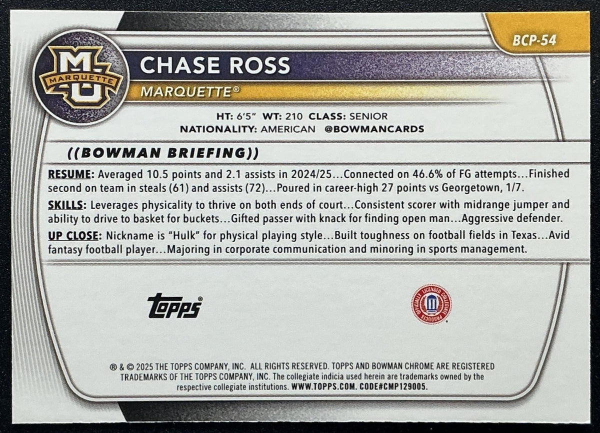 2025 Bowman Chase Ross #BCP-54 Chrome Mojo Refractor 1st Prospect