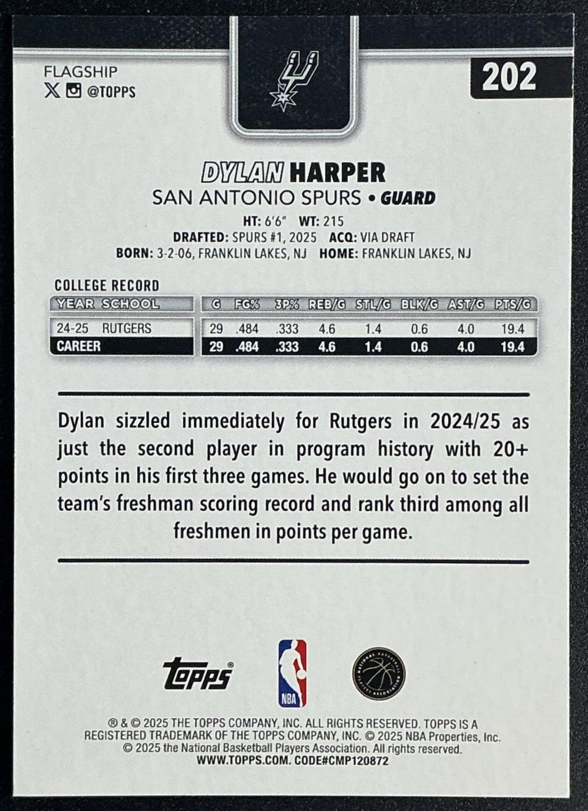 DYLAN HARPER 2025-26 TOPPS #202 RC SPURS