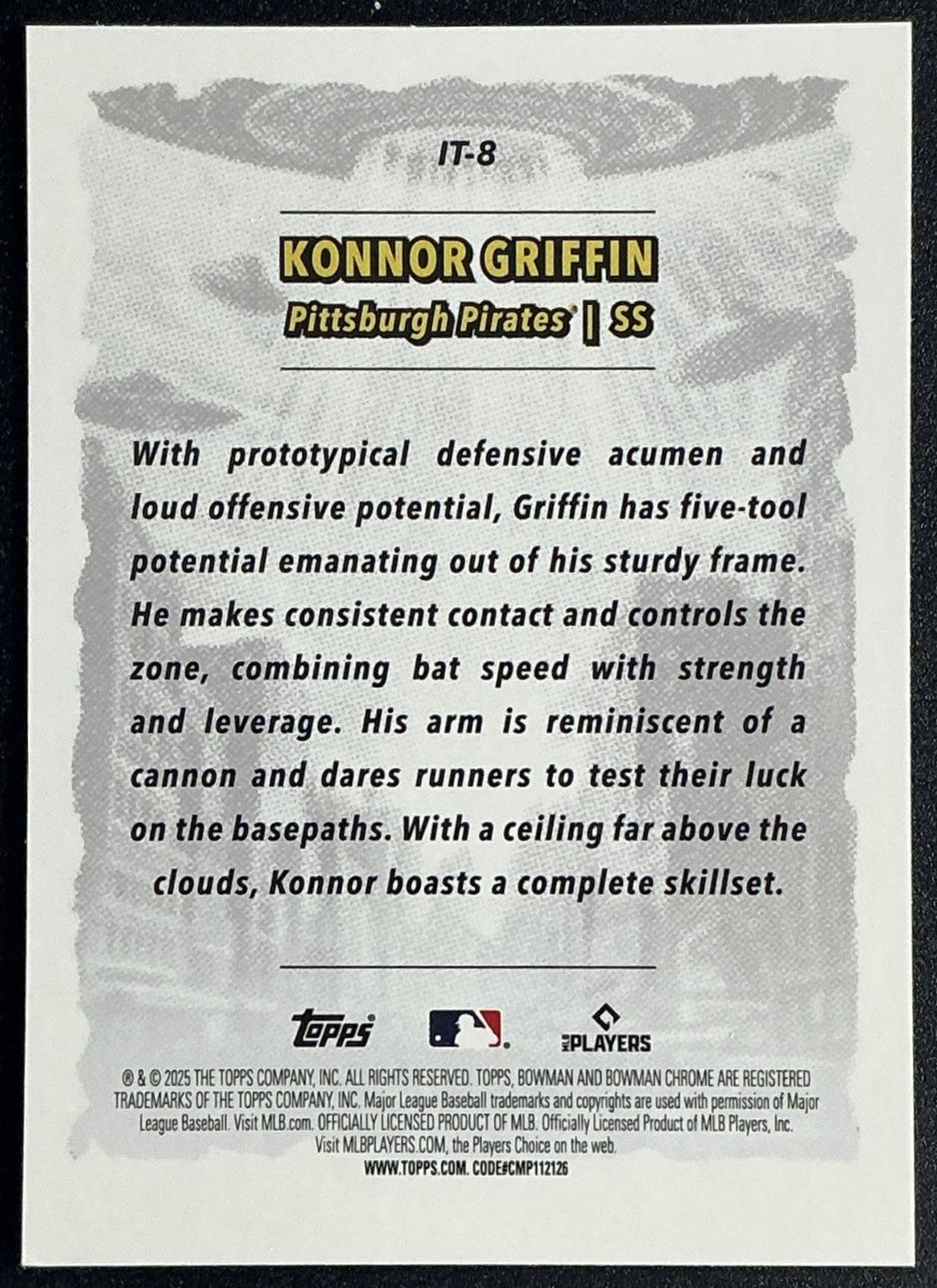 KONNOR GRIFFIN 2025 BOWMAN CHROME #IT-8 IT CAME TO THE LEAGUE PIRATES
