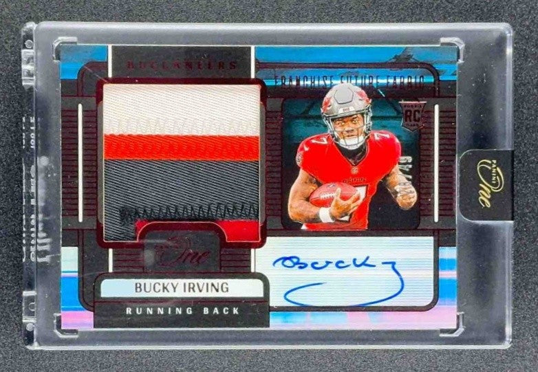 2024 Panini One Bucky Irving #89 Franchise Future Fabric Auto Red /49 MEM RC