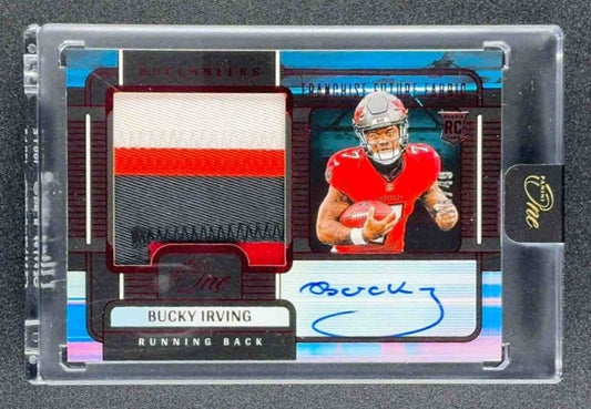 2024 Panini One Bucky Irving #89 Franchise Future Fabric Auto Red /49 MEM RC