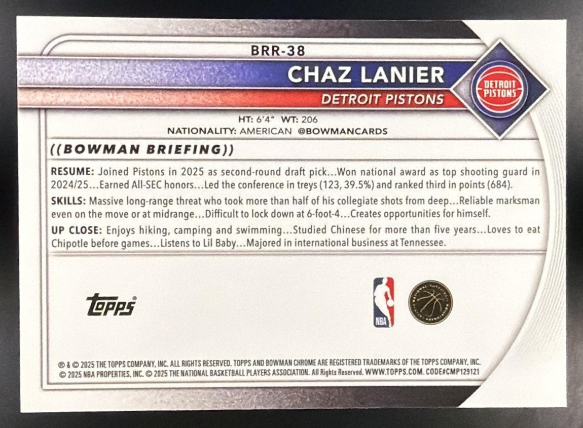 CHAZ LANIER 2025-26 BOWMAN #BRR-38 CHROME RED ROOKIE VARIATION SP RC PISTONS