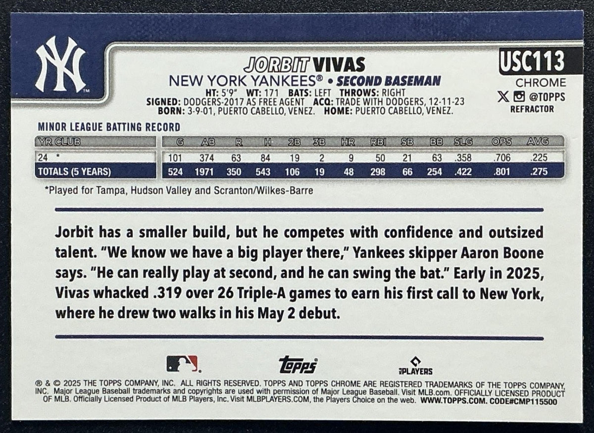 JORBIT VIVAS 2025 TOPPS CHROME UPDATE #USC113 REFRACTOR RC YANKEES