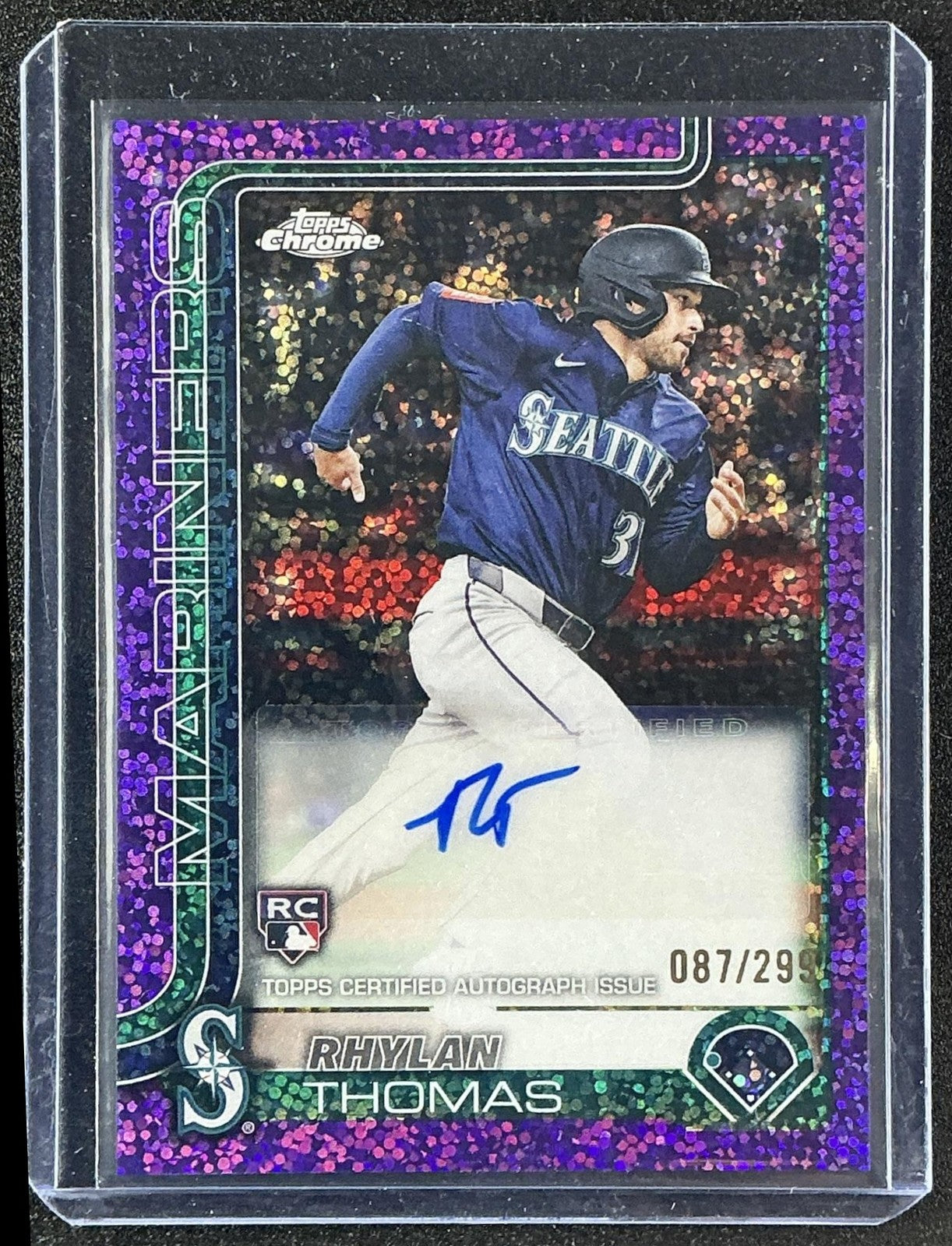 2025 Topps Chrome Update Rhylan Thomas Auto Purple Speckle Refractor /299 RC