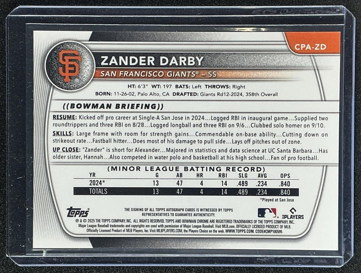 2025 Bowman Chrome Zander Darby Auto Reptilian Green Refractor /99 1st Prospect