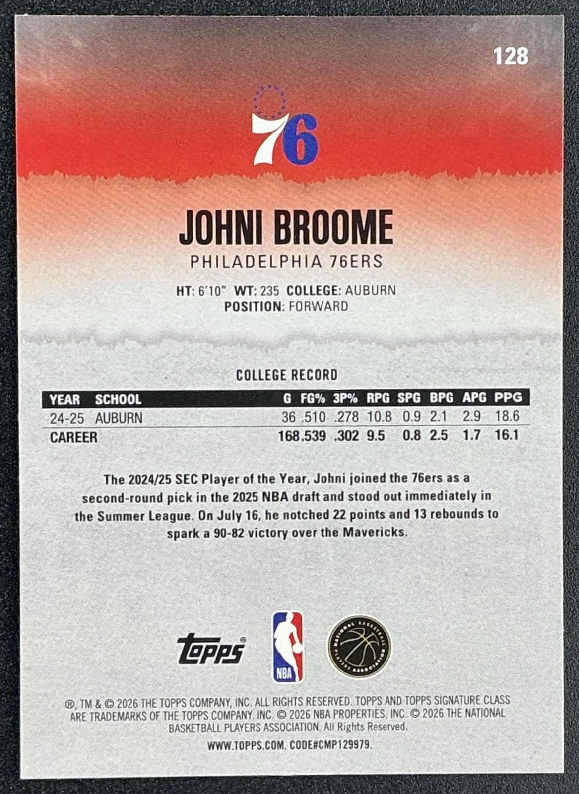 JOHNI BROOME 2025-26 TOPPS SIGNATURE CLASS #128 ROOKIE RC 76ERS