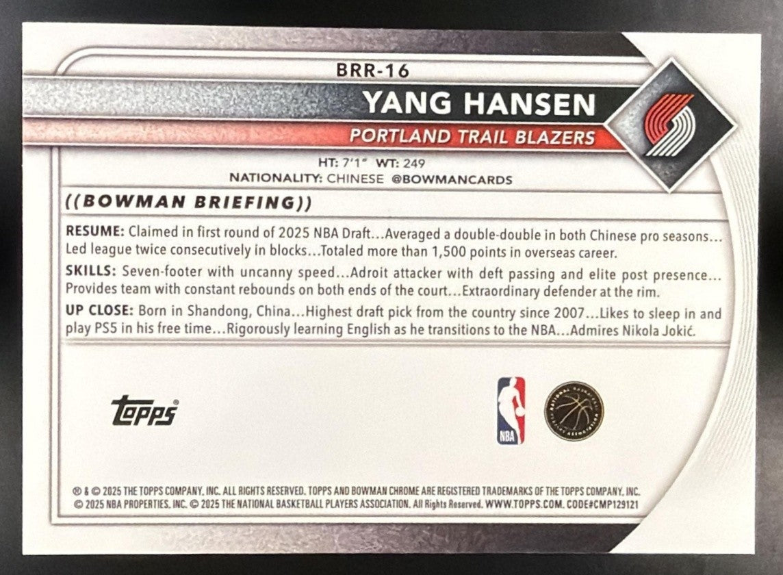 2025 Bowman Yang Hansen #BRR-16 Chrome Red Rookie Variation SP RC