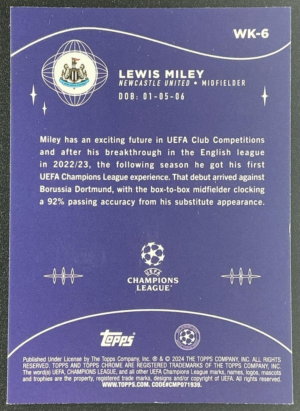 2023 Topps Chrome UEFA Club Competitions Lewis Miley #WK-6 Wonderkids RC
