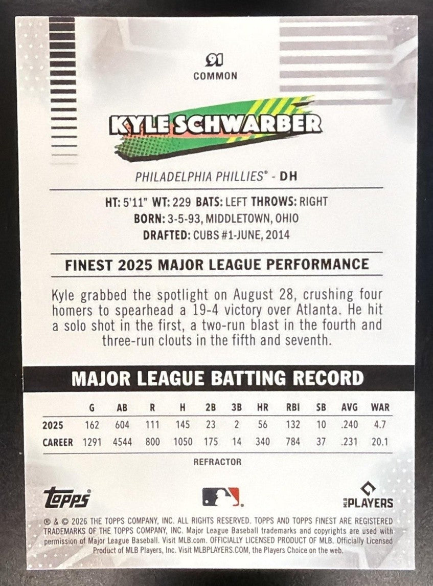 KYLE SCHWARBER 2026 TOPPS FINEST #91 REFRACTOR PHILLIES