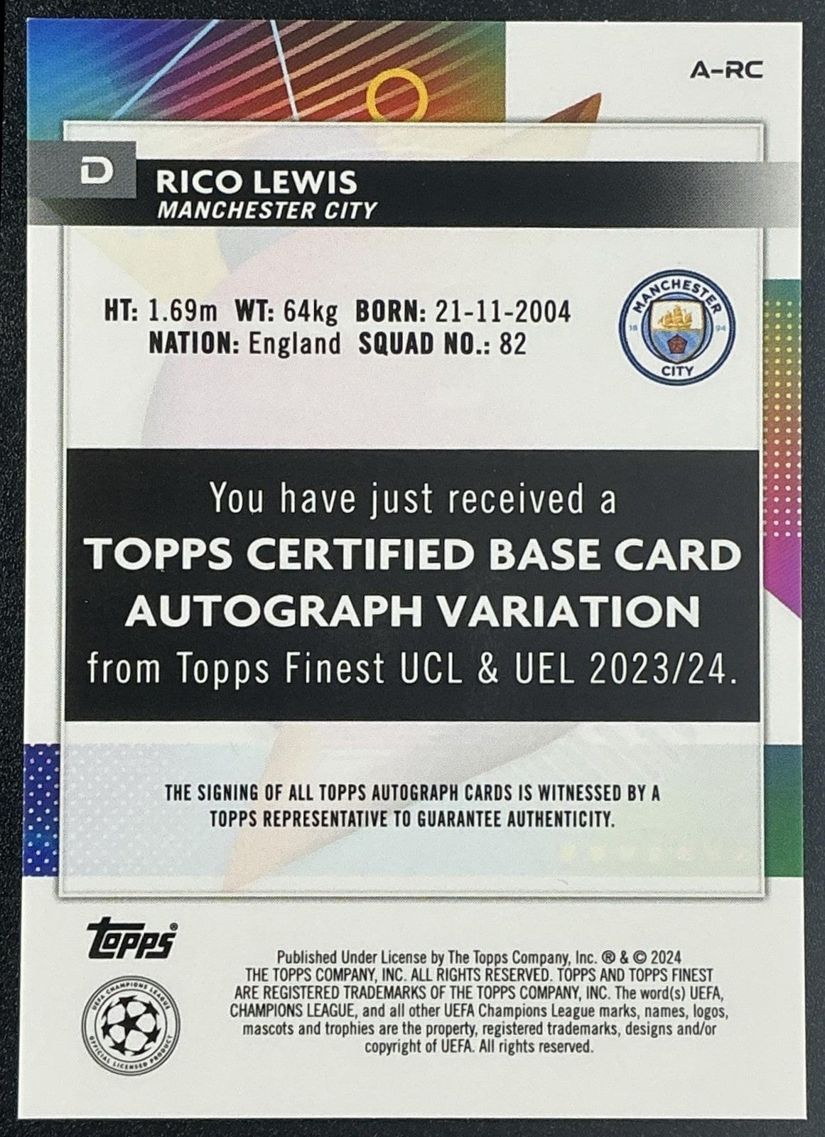 RICO LEWIS 2023-24 TOPPS FINEST UEFA CLUB COMPETITIONS #A-RC AUTO MAN CITY