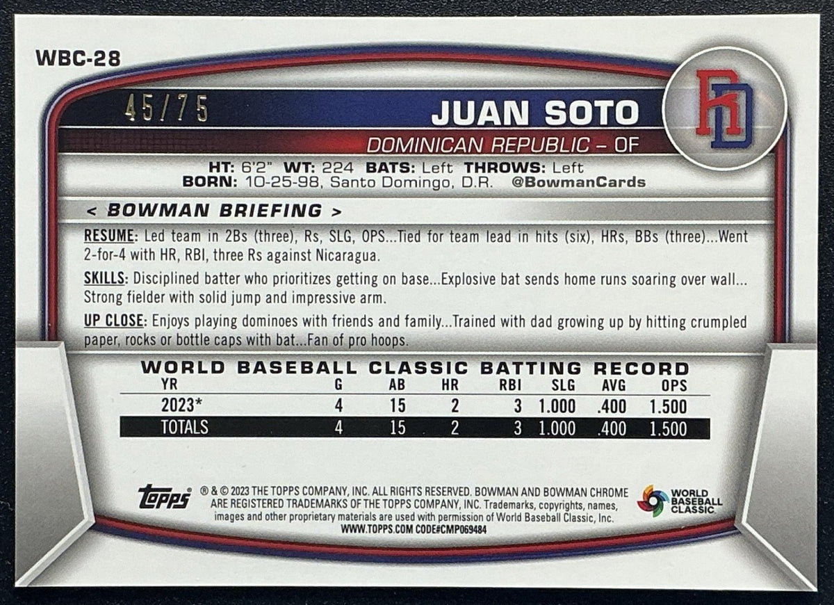 2023 BOWMAN CHROME JUAN SOTO WBC-28 BLUE REFRACTOR /75 DOMINICAN REPUBLIC