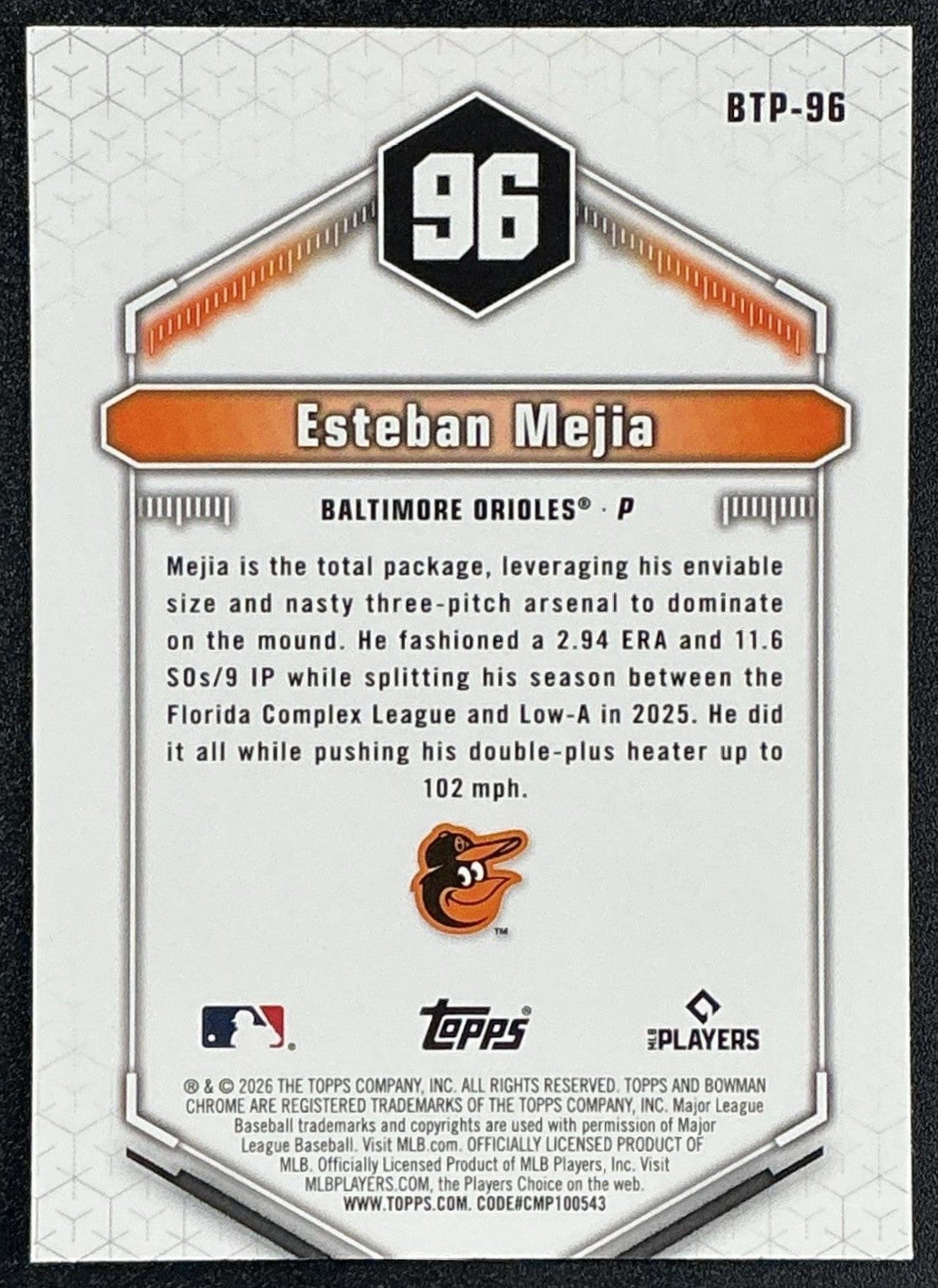 ESTEBAN MEJIA 2026 BOWMAN #BTP-96 SCOUTS TOP 100 CHROME ORIOLES