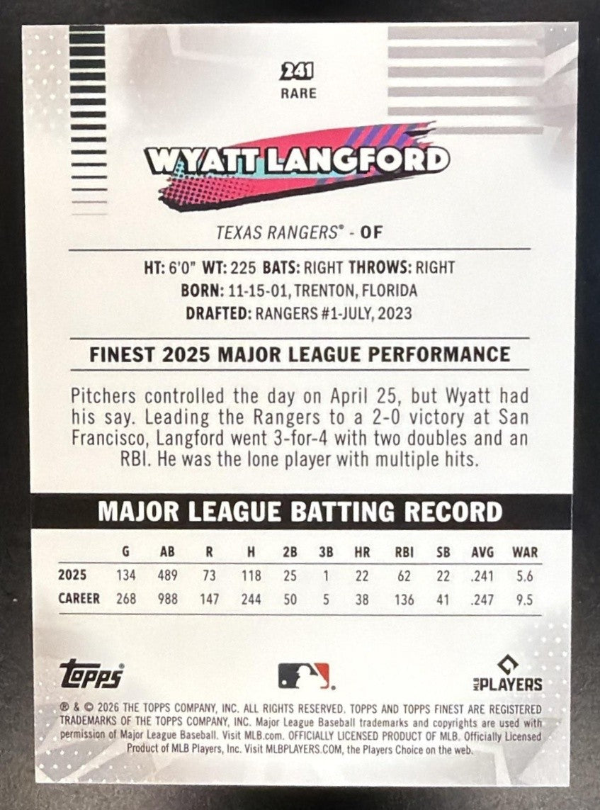 WYATT LANGFORD 2026 TOPPS FINEST #241 RARE RANGERS