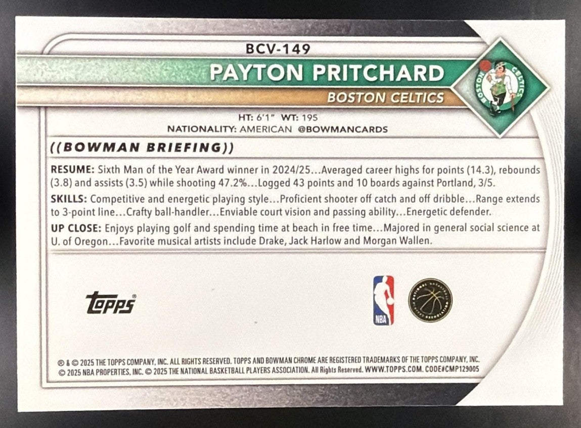 PAYTON PRITCHARD 2025-26 BOWMAN #BCV-149 CHROME REPTILIAN REFRACTOR CELTICS