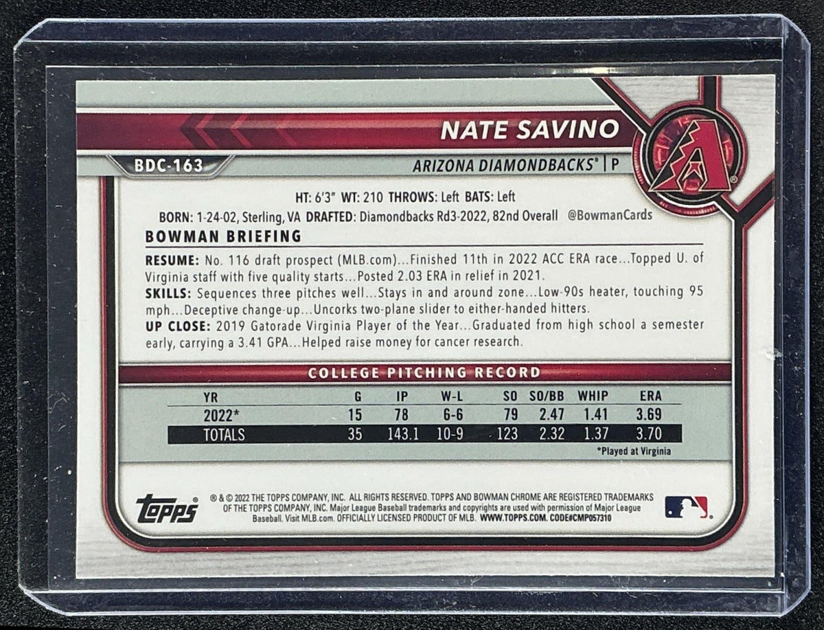 2022 Bowman Draft Nate Savino Chrome Black & White RayWave Refractor 1st