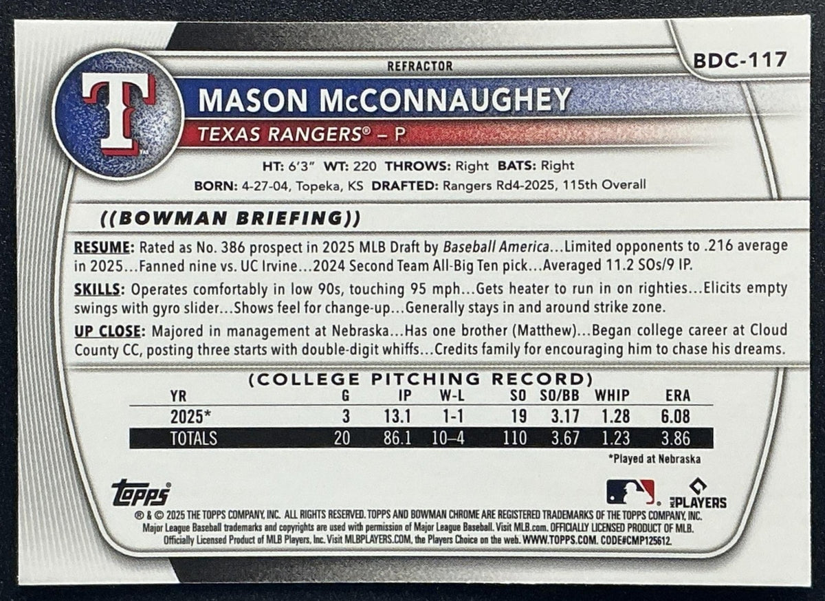 2025 Bowman Draft Mason McConnaughey #BDC-117 Chrome Refractor 1st Prospect