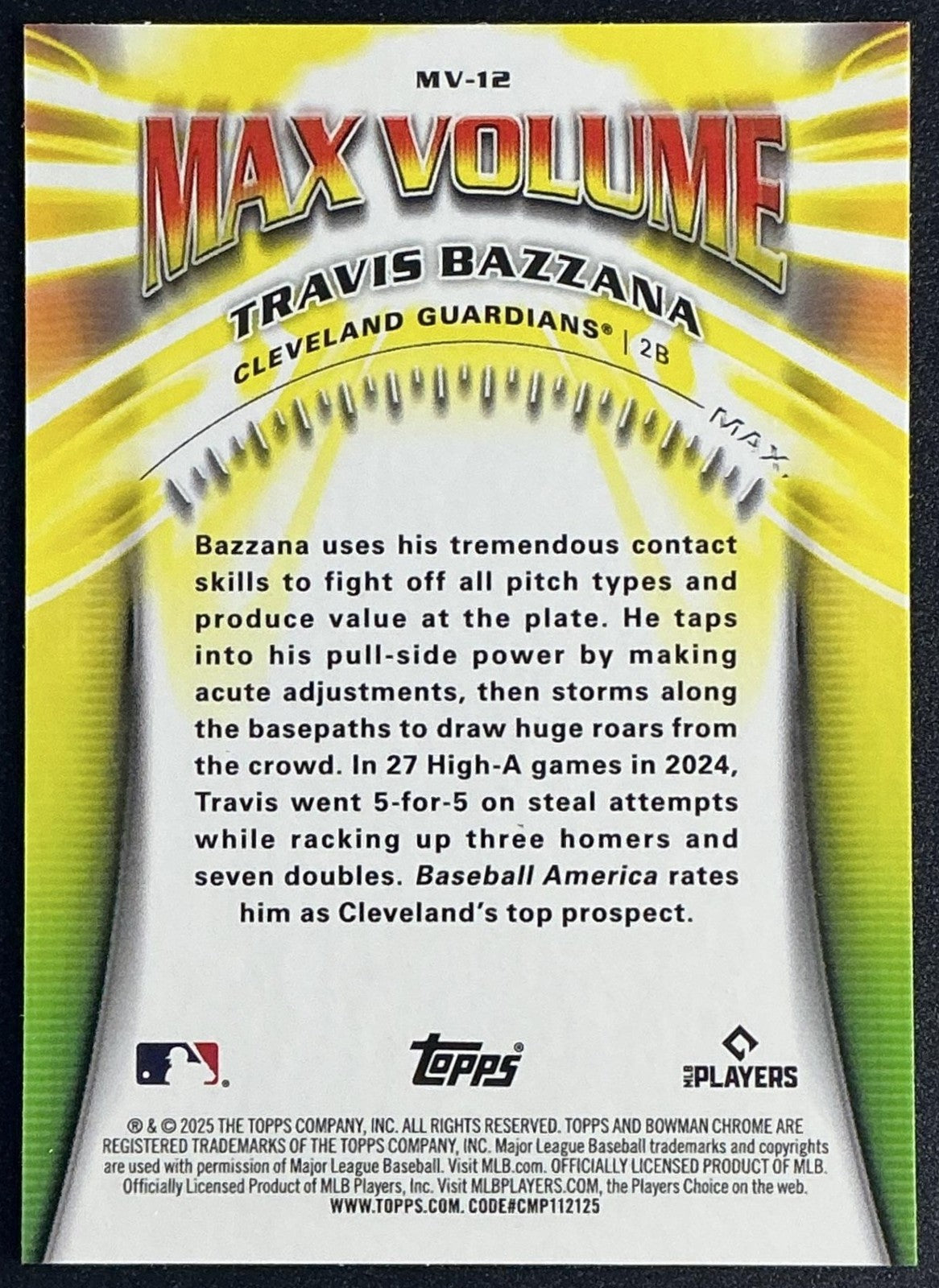 TRAVIS BAZZANA 2025 BOWMAN CHROME #MV-12 MAX VOLUME GUARDIANS