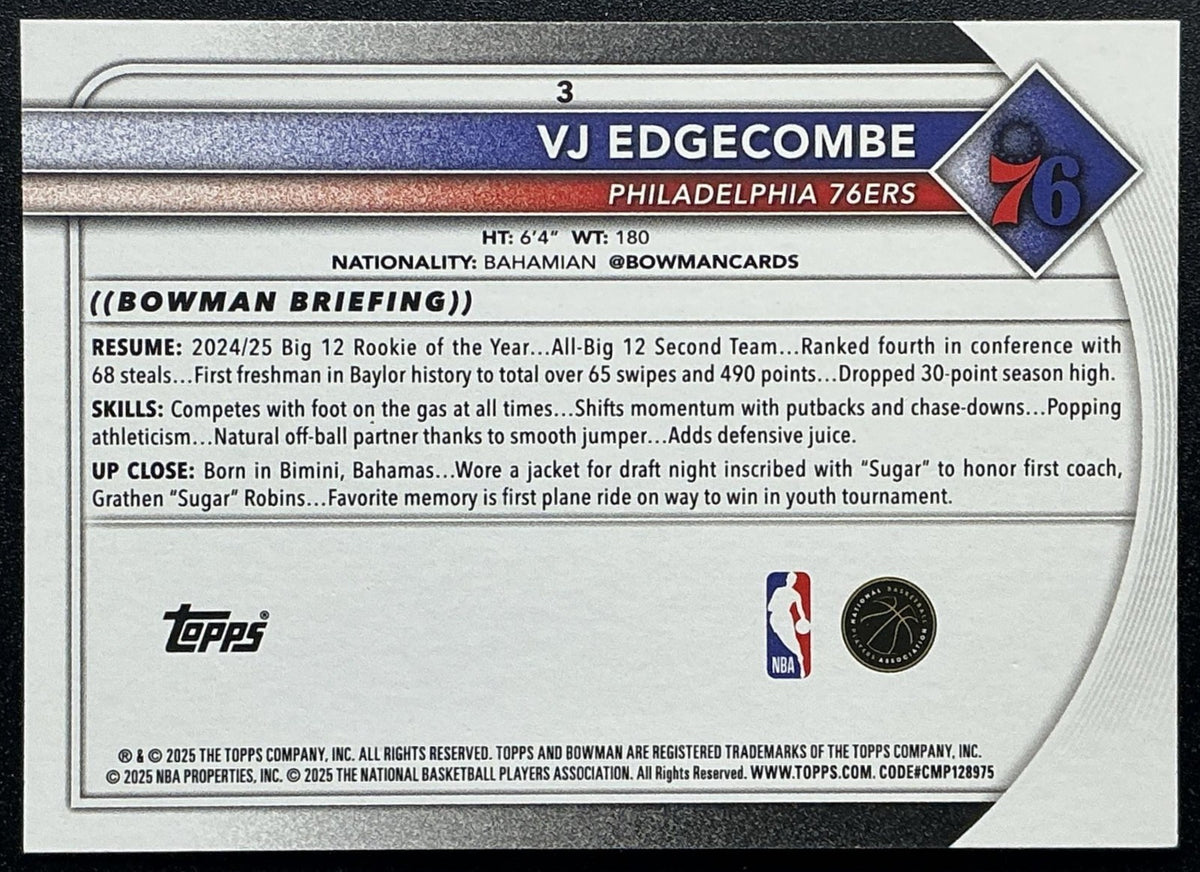 VJ EDGECOMBE 2025-26 BOWMAN #3 RC 76ERS