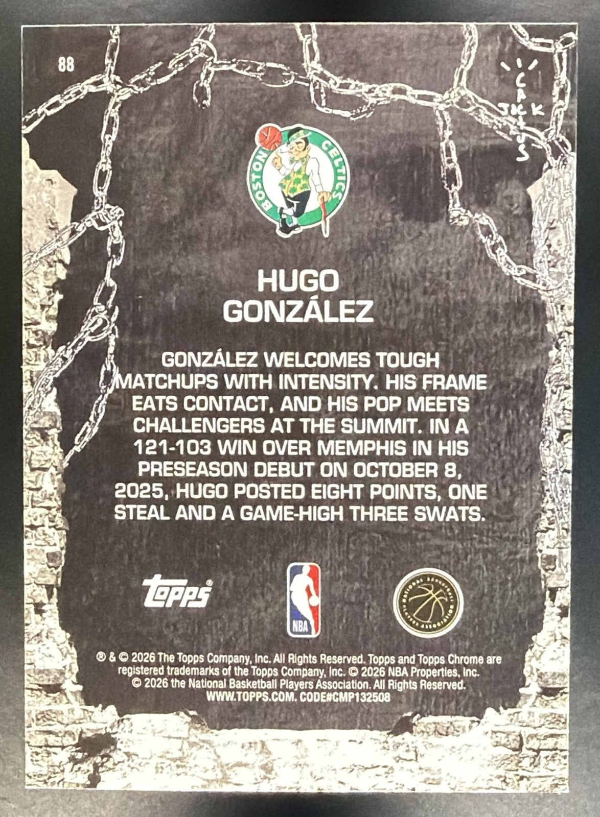 HUGO GONZALEZ 2025-26 TOPPS CHROME X CACTUS JACK #88 RC CELTICS