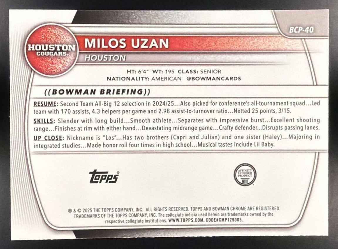 2025 Bowman Milos Uzan #BCP-40 Chrome Reptilian Refractor 1st Prospect