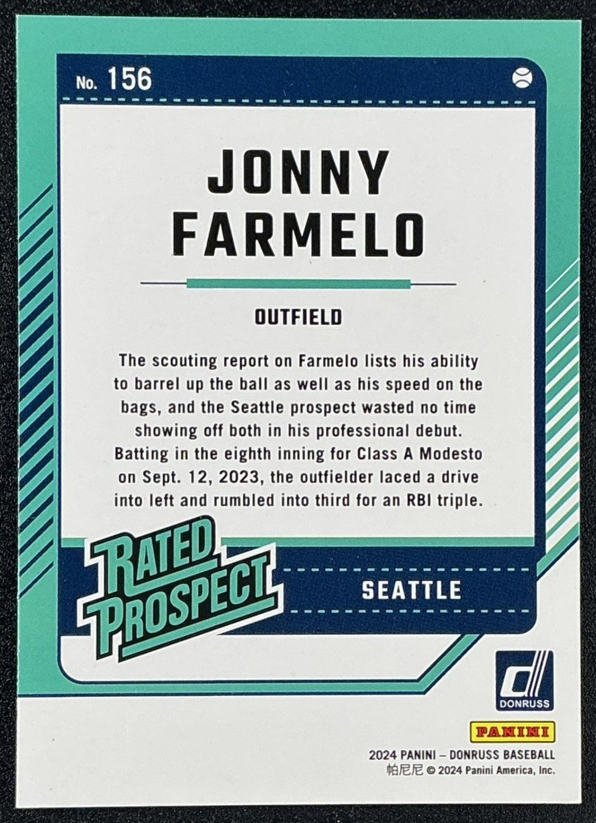 JONNY FARMELO 2024 PANINI DONRUSS #156 RATED PROSPECT MARINERS