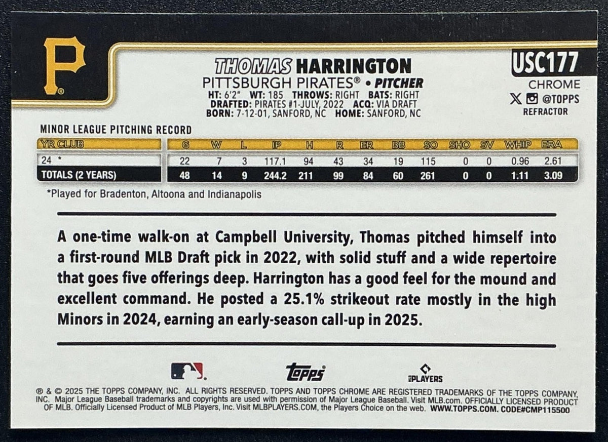 THOMAS HARRINGTON 2025 TOPPS CHROME UPDATE #USC177 REFRACTOR RC PIRATES