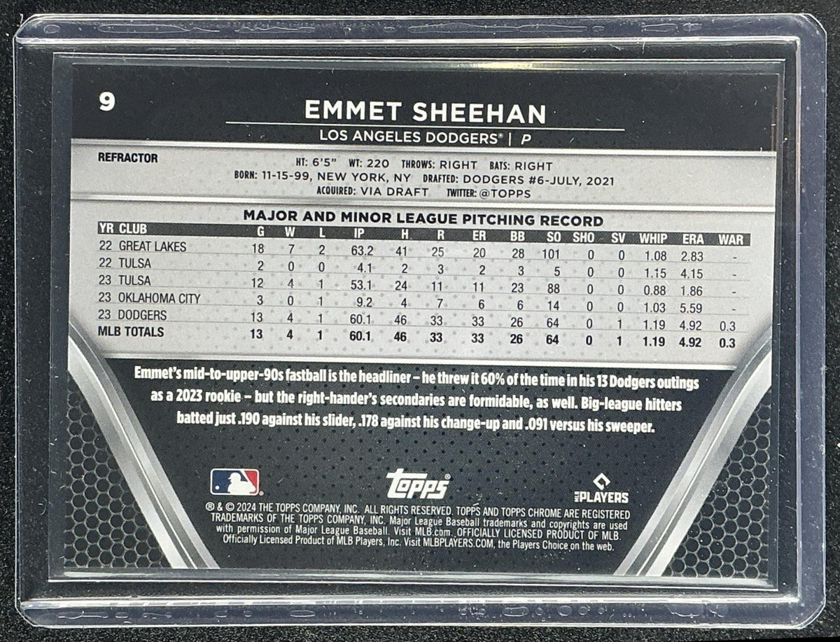 EMMET SHEEHAN 2024 TOPPS CHROME BLACK #9 REFRACTOR 130/199 RC DODGERS