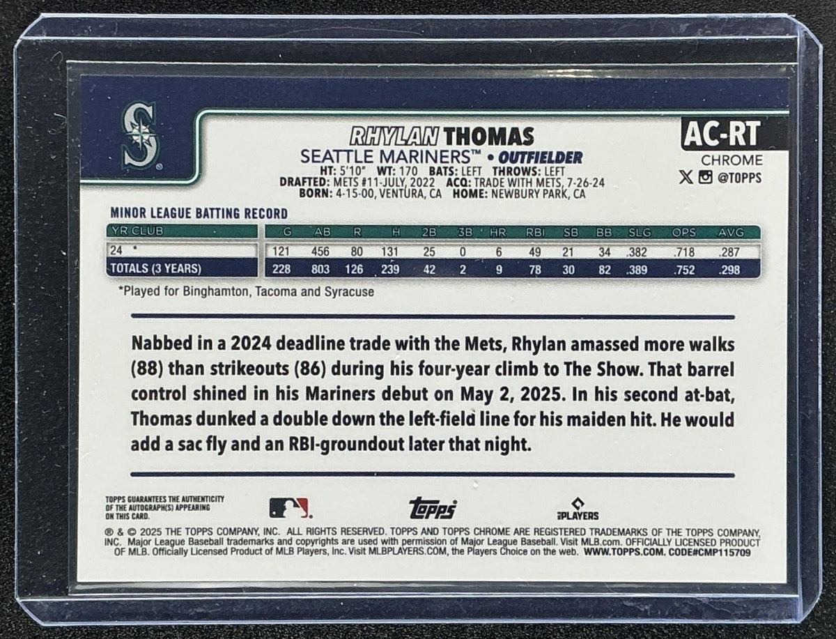 2025 Topps Chrome Update Rhylan Thomas Auto Purple Speckle Refractor /299 RC
