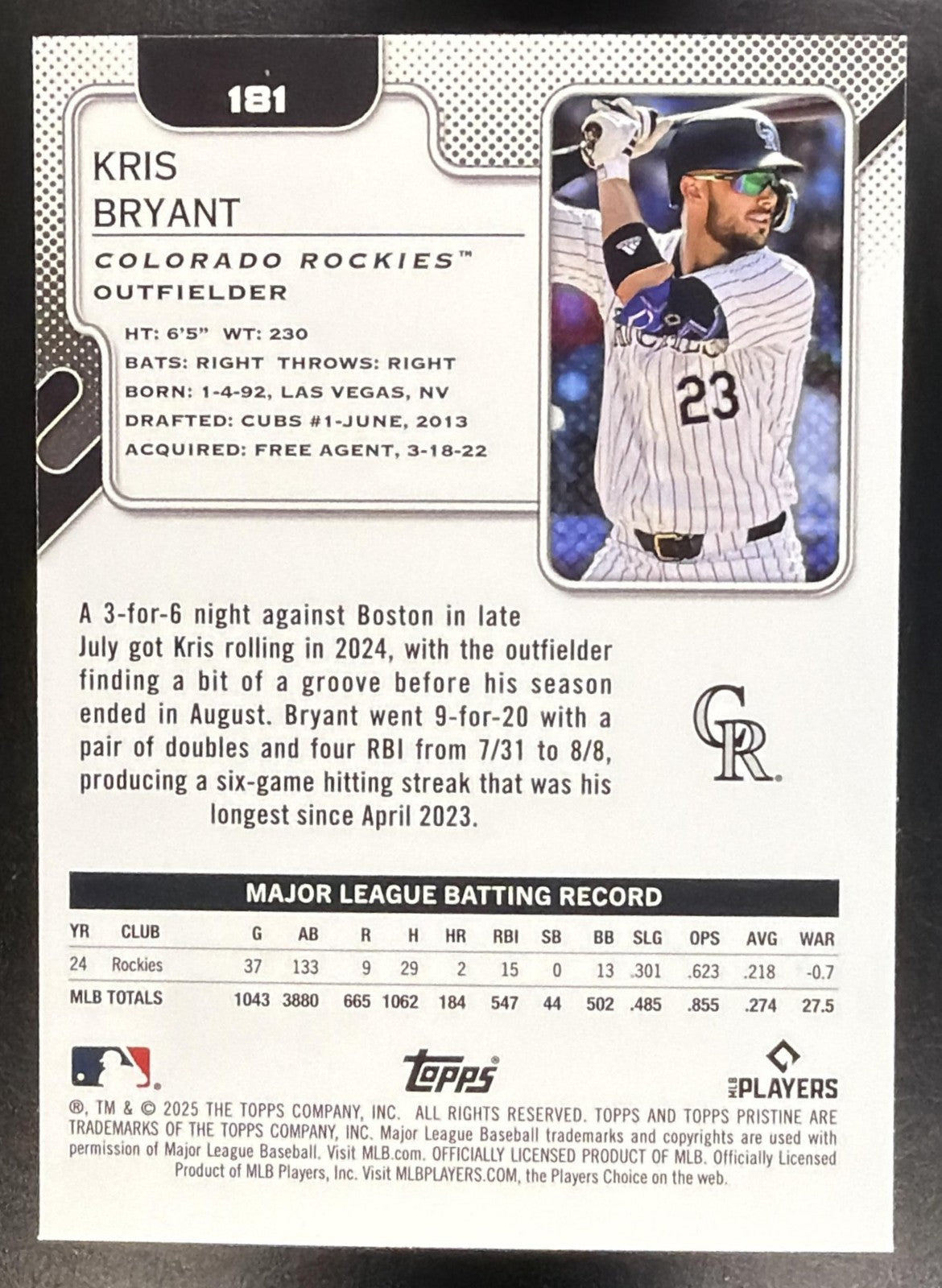 KRIS BRYANT 2025 TOPPS PRISTINE #181 ROCKIES