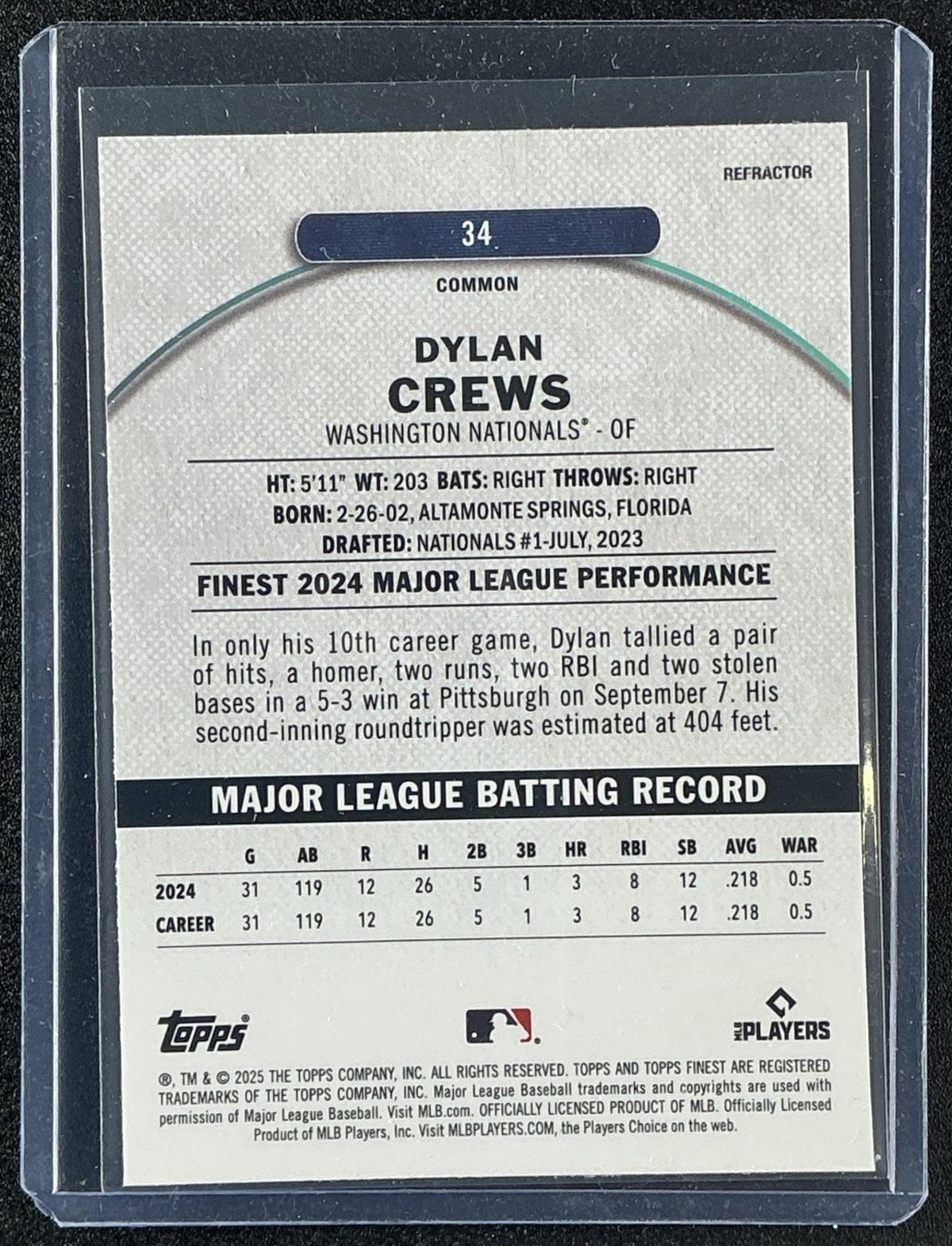 DYLAN CREWS 2025 TOPPS FINEST #34 COMMON REFRACTOR RC NATIONALS