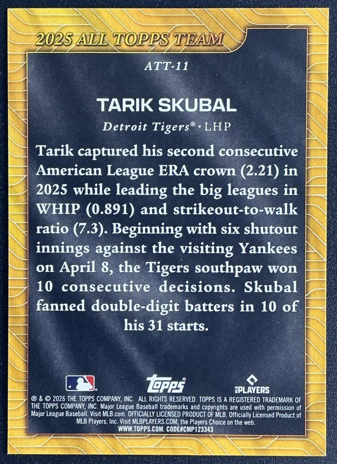 TARIK SKUBAL 2026 TOPPS SERIES 1 #ATT-11 2025 ALL-TOPPS TEAM TIGERS