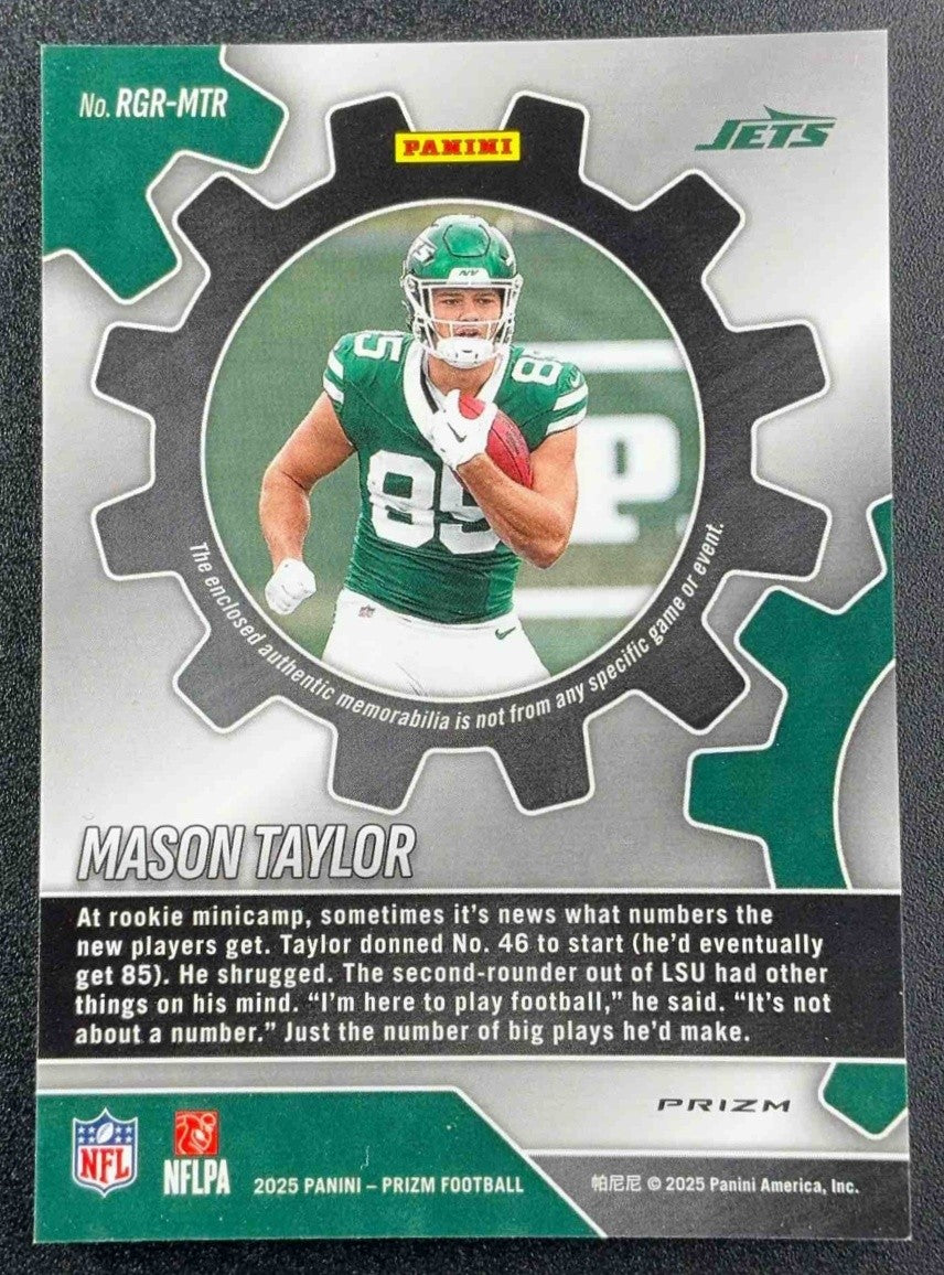 2025 Panini Prizm Mason Taylor #RGR-MTR Rookie Gear Neon Green Pulsar MEM RC