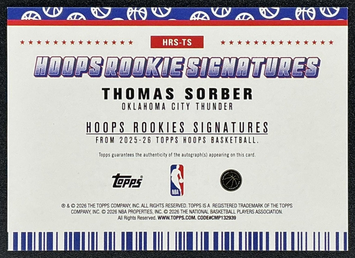 2025 Topps Hoops Thomas Sorber Rookie Signatures Pixel Burst Purple /99 RC Auto