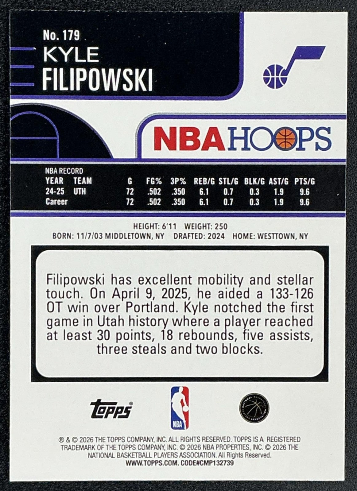 KYLE FILIPOWSKI 2025-26 TOPPS HOOPS #179 GREEN JAZZ