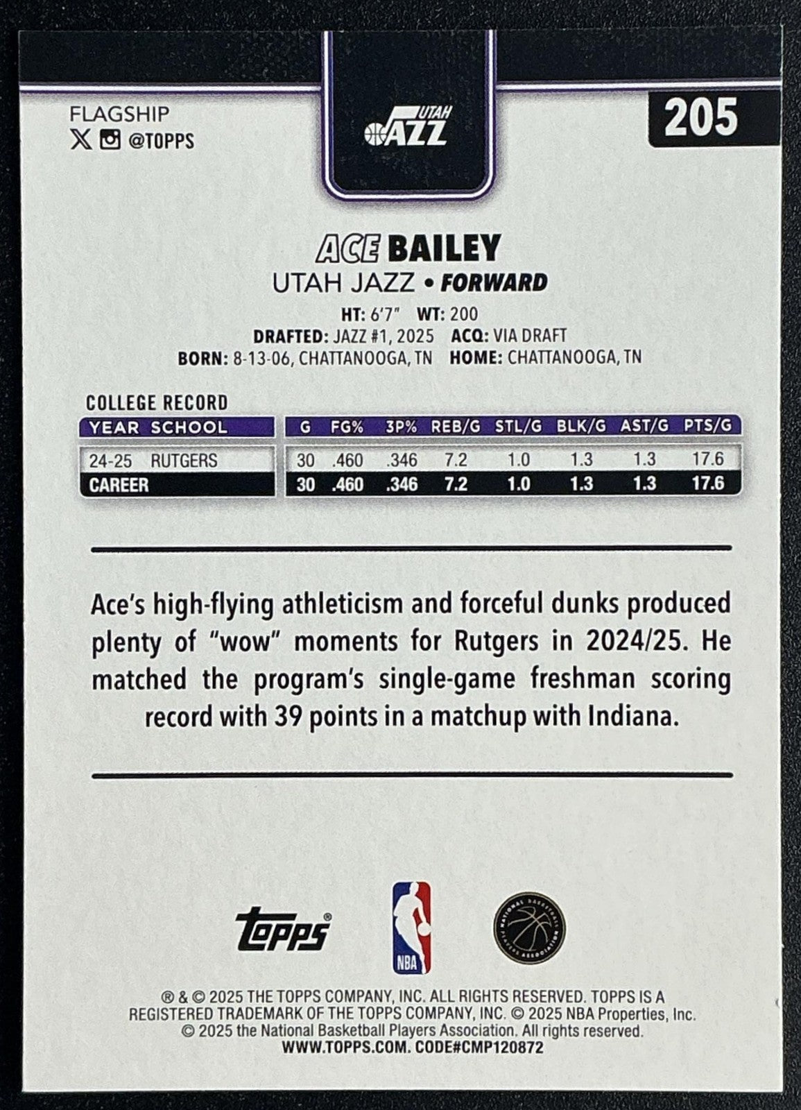 ACE BAILEY 2025-26 TOPPS #205 RC JAZZ