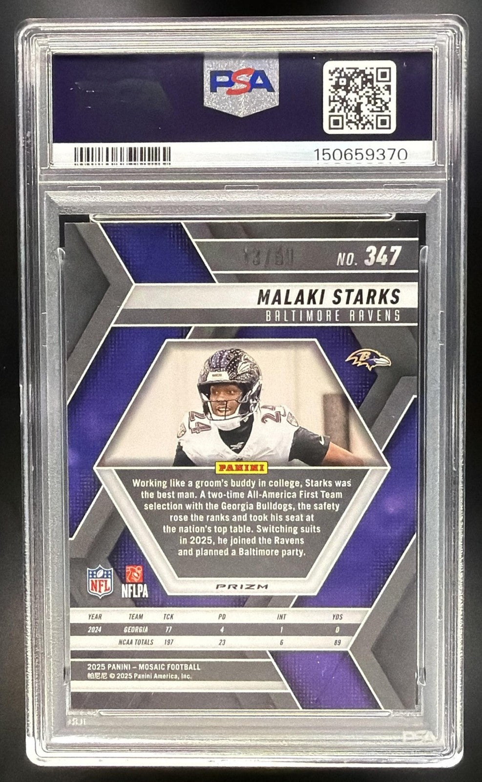 2025 Panini Mosaic Malaki Starks Rookies No Huddle Purple Prizm /50 RC PSA 10