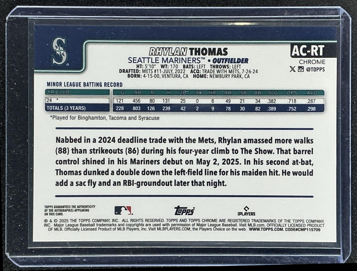 2025 Topps Chrome Update Rhylan Thomas Auto Purple Speckle Refractor /299 RC